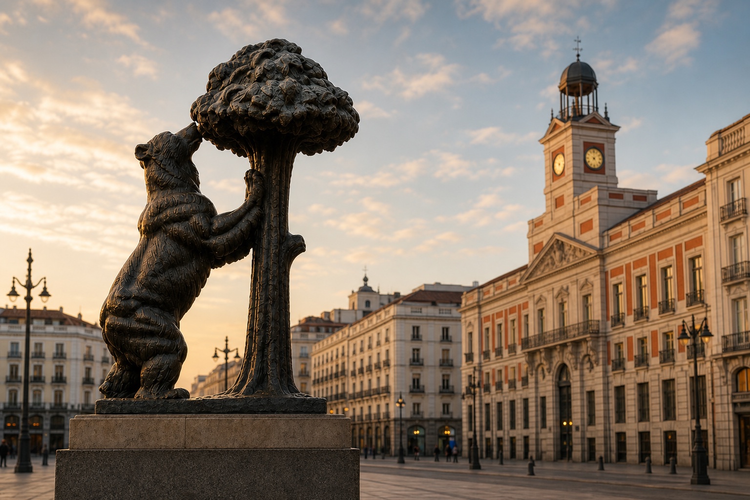 Vista cálida de la estatua de El Oso y el Madroño ante la Real Casa de Correos en Puerta del Sol